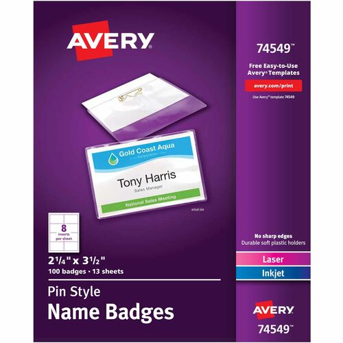 Name Badge Kit, Easy Packet, Pin, Top Load, 2-1/4"x3-1/2", White 100/BX