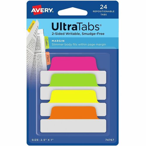 Ultra Margin Tabs, 2-1/2"x1", Neon 24/PK