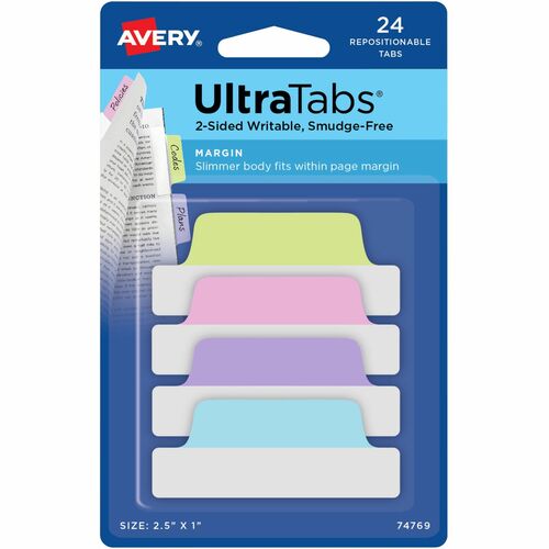 Ultra Margin Tabs, 2-1/2"x1", Pastel Ast, 24/Pk 72/CT