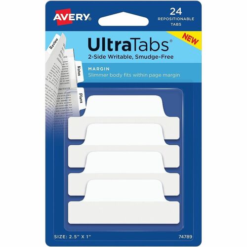 Tabs, Ultra, 2-Side Writable, Margin, 2-1/2" x 1", White 24/PK