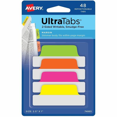 Tabs, Repositionable, 2-Sided, 2-1/2"x1", AST Neon 48/PK