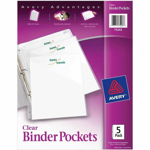 Binder Pockets, 3HP, Letter, 8-1/2" x 11", Clear 5/PK