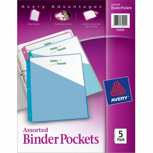 Binder Pockets, 3 Horsepower, Letter, 8-1/2"x11", Assorted 5/PK