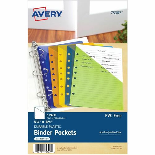 Binder Pockets, Mini, 8-1/2" x 5-1/2", Green/Beige/Orange/Yellow/Purple 5/PK