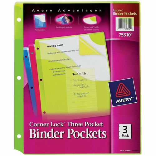 Binder Pockets, Corner Lock, 20 Page Capacity, Assorted 3/PK