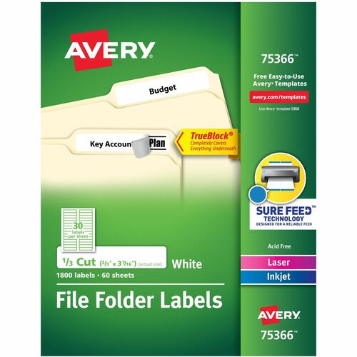 File Folder Labels, Laser/Inkjet, 2/3" x 3-7/16", White 1800/BX