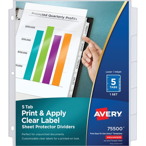 Laser/Inkjet Pocket Divider, Punched, 5-Tab, 11" x 8-1/2", Clear 5/ST