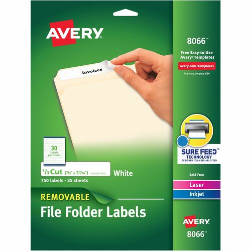 Removable Filing Labels, Printable, 2/3" x 3-7/16", White 750/PK