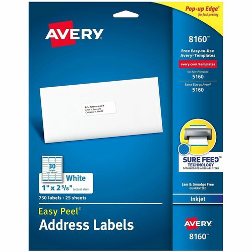 Inkjet Labels, Mailing, 1" x 2-5/8", White 750/PK