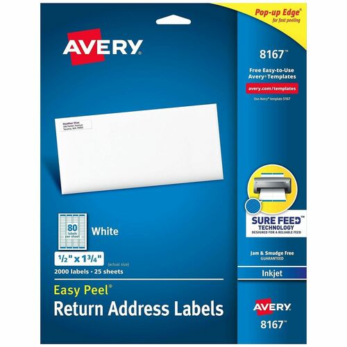 Inkjet Labels, Mailing, 1-3/4"x1/2", White 2000/PK