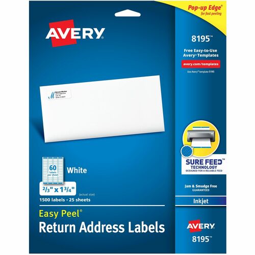 Return Address Label, Inkjet, 2/3" x 1-3/4", White 1500/PK