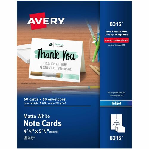 Note Cards, Inkjet, Envelopes, 4-1/4" x 5-1/2", Matte White 60/BX