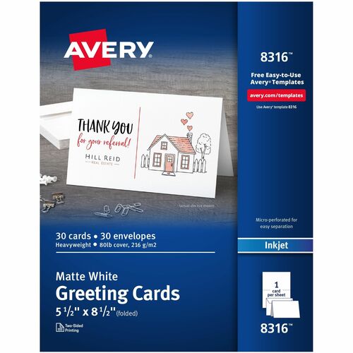 Greeting Cards, Inkjet, 1/2-Fold, 8-1/2" x 5-1/2", Matte White 30/BX