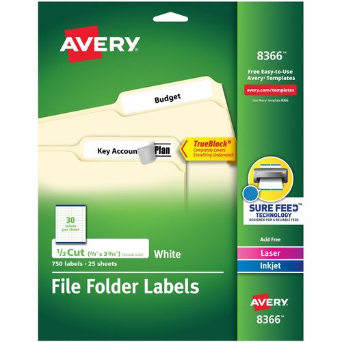 Labels, Filing, TrueBlock, 1/3 Cut, White 750/PK