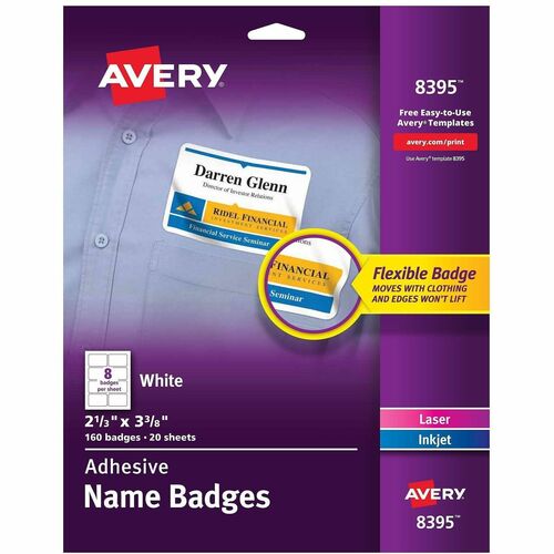 Name Badges, Laser/Inkjet, 2-1/3" x 3-3/8", White 160/PK