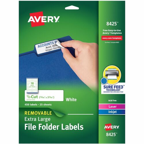 File Folder Labels, X-Large, 1/3 Cut, White 450/PK