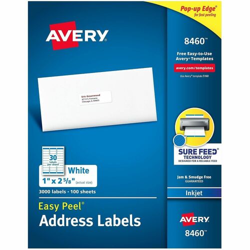 Inkjet Labels, Mailing, 1"x2-5/8", White 3000/BX