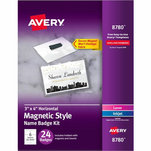Name Badge Kit with Magnets, Laser/Inkjet, 3"x4", White 24/PK