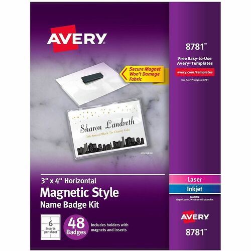 Name Badges, Magnetic, Laser/Inkjet, 3" x 4", White 48/BX