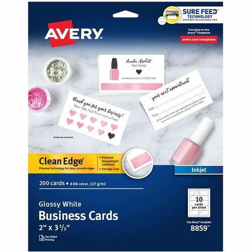 Business Cards, Inkjet, 2-Sided, Glossy, 2" x 3-1/2", White 200/PK