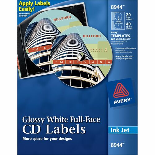 Labels, CD, Inkjet Glossy, White 20/PK