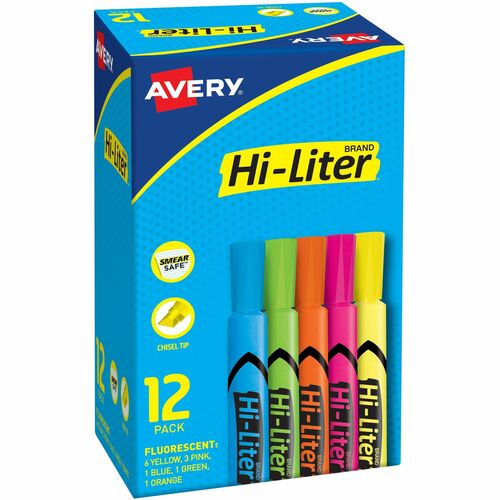 Highlighters, Chisel Tip, Washable, Ast 12/BX