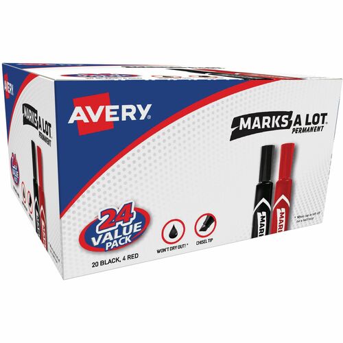 Permanent Markers Value Pack, Chisel Tip, Red, Black 24/BX