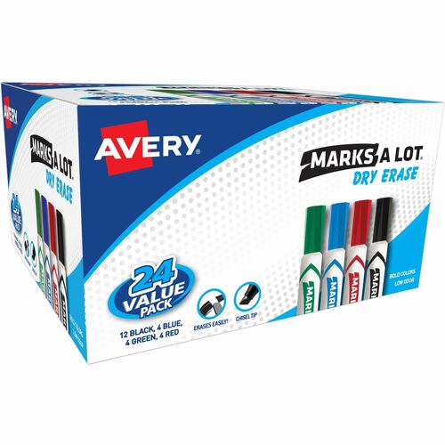Dry-Erase Markers, Chisel Tip, Low-Odor/Nontoxic, Ast 24/BX