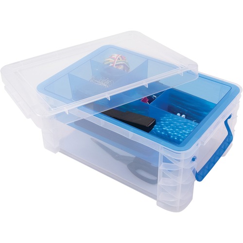 Divided Storage Box, 10-3/10"Wx14-1/4"Lx6-1/2"H, Clear/Blue