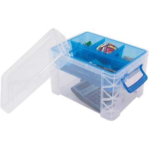 Divided Storage Box, 7-1/2" W x 10-3/25" L x 6-1/2" H, Clear/Blue