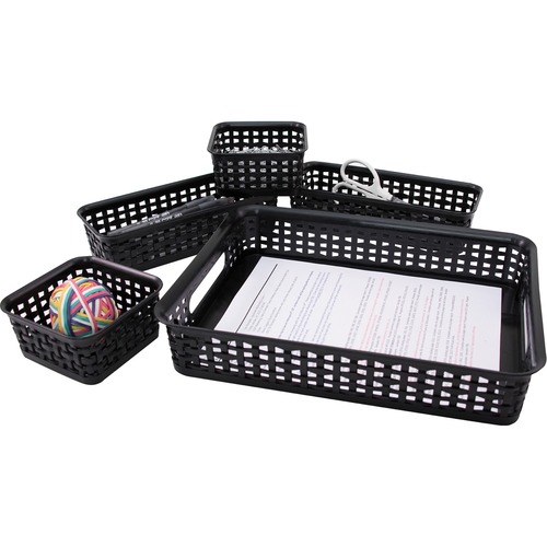 Weave Bin, Plastic, 10-1/10" W x 13-2/5" L x 2-1/2" H, Black 5/PK