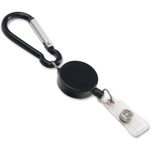 Badge Reel/Carabiner, Metal/Nylon, 24" Extension, Black 5/PK