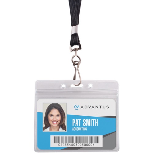 Badge Holders, With 36" L Lanyard, Horiz, Black/Clear 20/PK