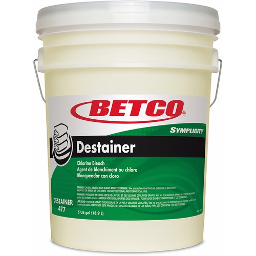 Destainer, Liquid, Mild Chlorine Scent, 5 Gal Pail, Light Amber