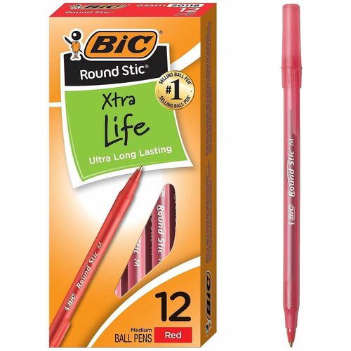 Pen, Round Stick, Ballpoint, Medium, Red 12/DZ