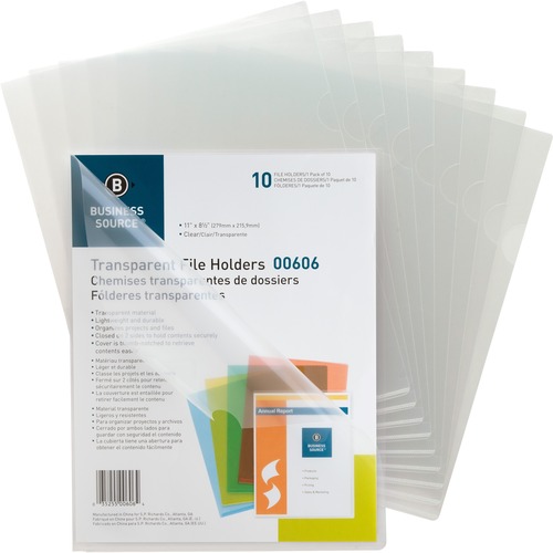 File Holders, Poly, Water-Resistant, 11" x 8-1/2", Clear 10/PK