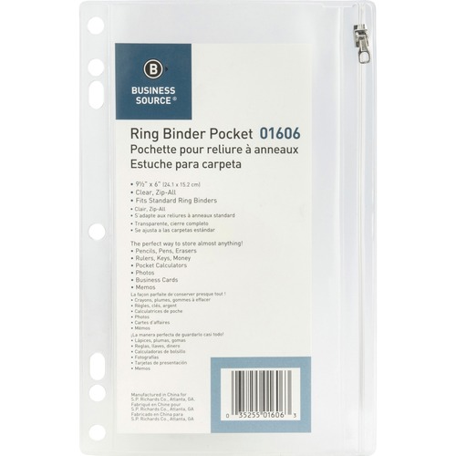 Ring Binder Pocket, W/ Zipper, Plastic, 7 Hole Punch, 9-1/2" x 6", Clear