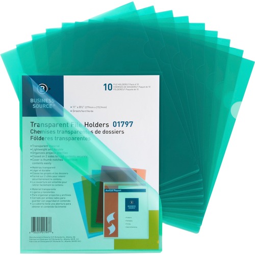 File Holders, Poly, Transparent, 11" x 8-1/2", Green 10/PK
