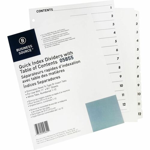 Index Dividers, With Table of Contents Page, 1-12, 12 Tabs, Standard, 11" x 8-1/2", White