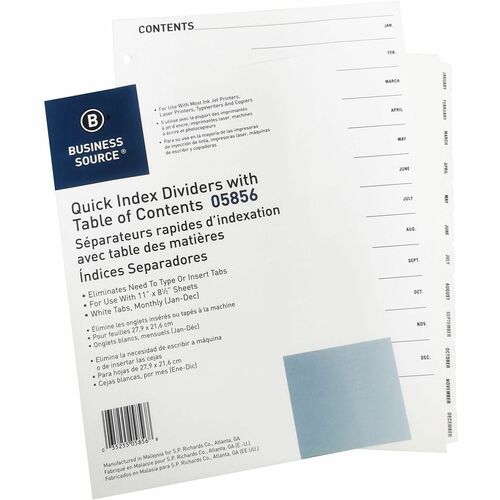 Index Dividers, Jan-Dec, 3 Hole Punch, Letter, White 12/ST