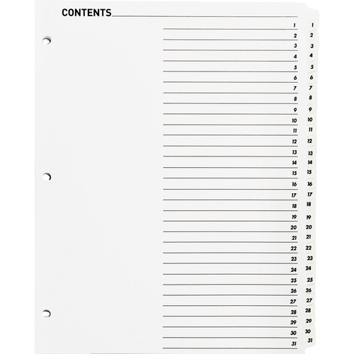 Index Dividers, With Table of Contents Page, 1-31, 31 Tab/St, 11" x 8-1/2", White