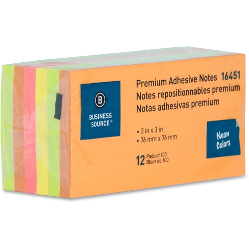 Notes, Adhesive, 3x3, Neon 12/PK