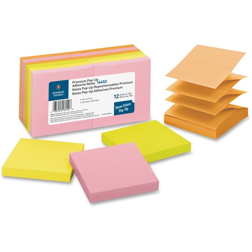 Pop-up Adhesive Note Pads, 3" x 3", 100 Sheets, Ast Neon 12/PK