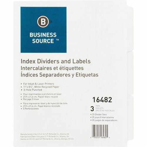 Dividers, Index, Punched, 3 Tab 25/BX