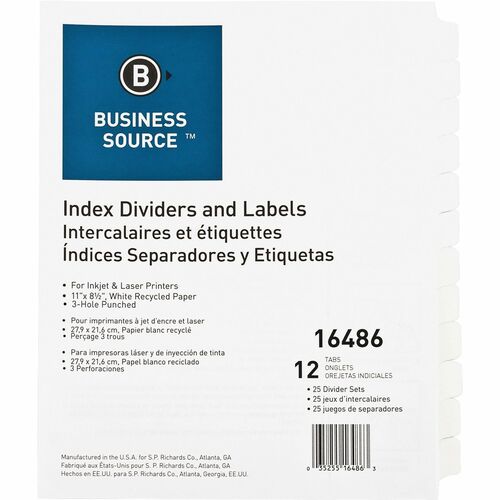 Dividers, Index, Punched, 12 Tab 25/BX