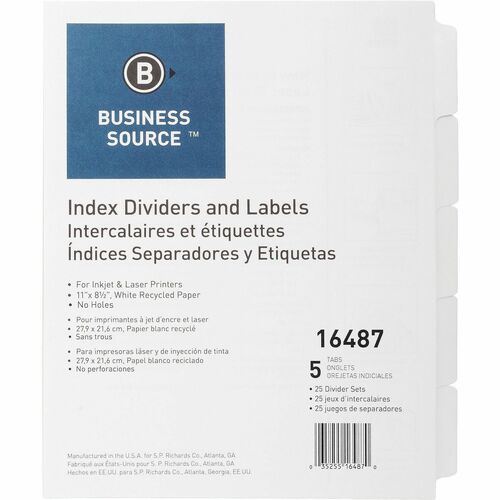 Dividers, Index, Unpunched, 5 Tab 25/BX