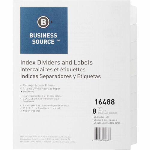 Dividers, Index, Unpunched, 8 Tab 25/BX