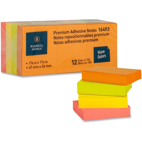 Notes, Adhesive, 1.5 x 2, Neon 12/PK