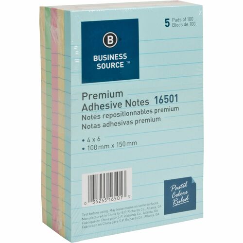 Notes, Adhesive, 4 x 6, Lined 5/PK