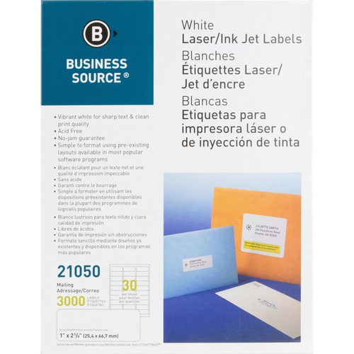 Mailing Labels, Laser/Inkjet, 1" x 2-5/8", White 3000/PK